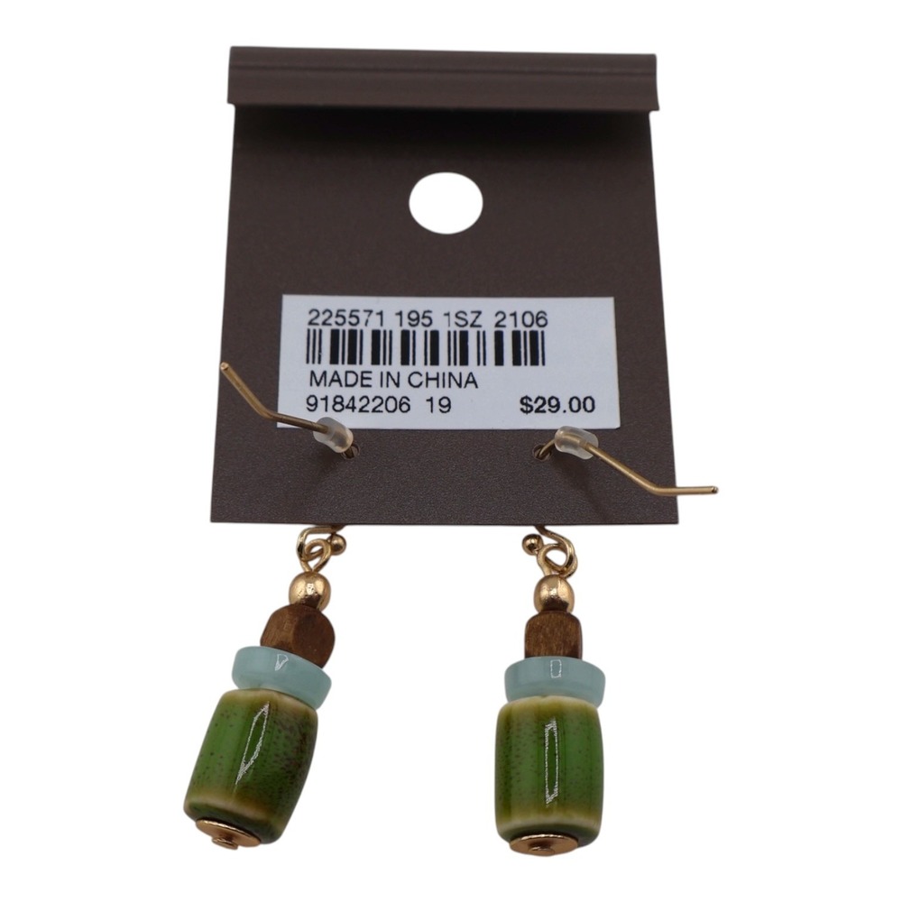 J Jill Earthy Drop Earrings Olive Green Ceramic Wood Seafoam Bead Boho NWT - Picture 3 of 3